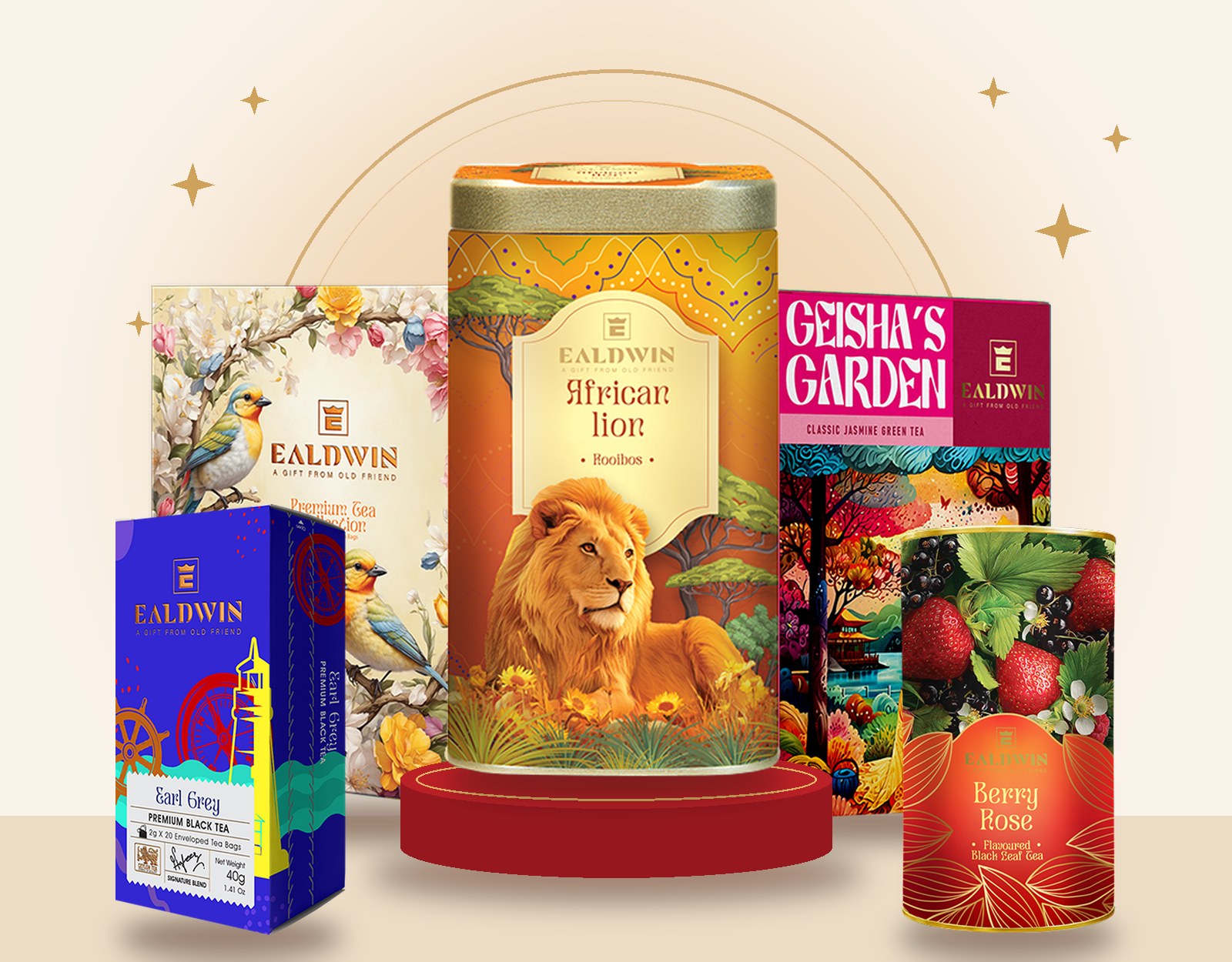 Produkty Ealdwin – African Lion, Geisha's Garden, Premium Tea Collection, Earl Grey a Berry Rose